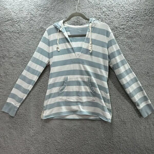 Gap Body Women's Medium Green White Striped Hooded Long Sleeve V-Neck Pullover‎